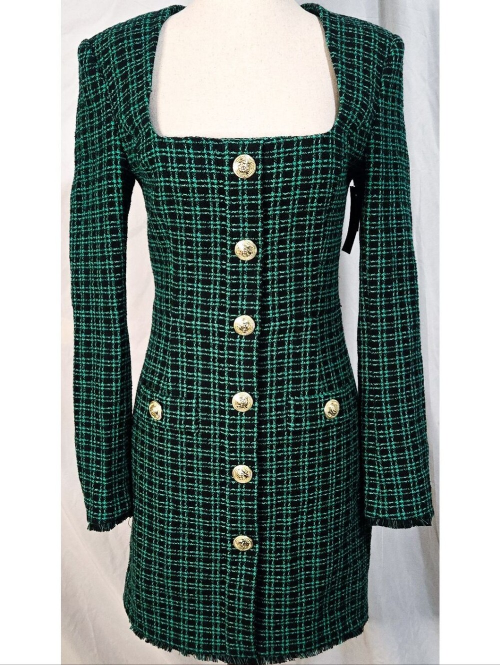 Rebecca Vallance Becca Dress Green Plaid Gold Button Long Sleeve Mini Tweed 90s - Picture 3 of 8